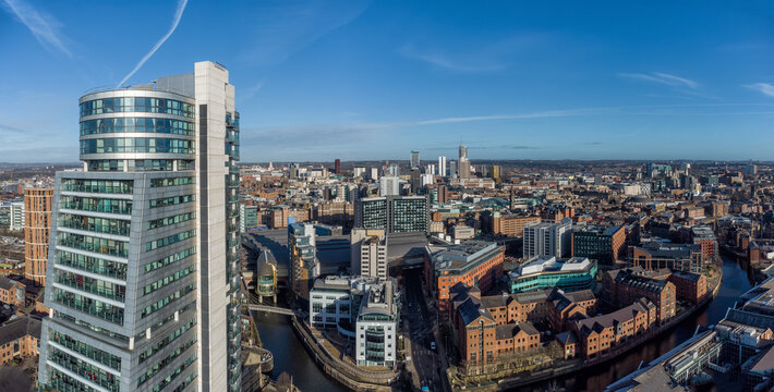 Leeds City Centre aerial photograph looking towards Bridgewater Place showing offices, apartments, train station, hotels, retail and financial buildings in West Yorkshire