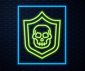 Glowing neon line Shield with pirate skull icon isolated on brick wall background. Vector.