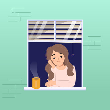 Woman At The Window Feel Bored Because Of Corona Virus Pandemic Disease. Lockdown At Home Concept. Flat Vector Cartoon Design.