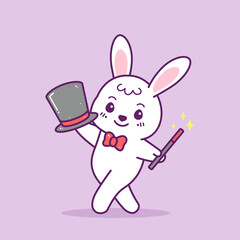 cute little magician rabbit with hat and magic stick