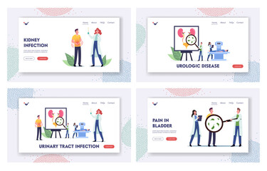 Fototapeta na wymiar Urinary Tract Infection, UTI Landing Page Template Set. Tiny Doctors and Patient Characters at Huge Anatomical Poster