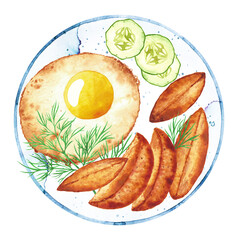 Isolated watercolor breakfast with egg, fried potato, cucumber and dill on plate