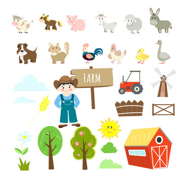 Farm illustrations set, cute animals - cow, pig, horse, goat, donkey, ram, dog, cat, goose, duckling, hen with rooster, landscape with village barn, hedge, mill, and tractor