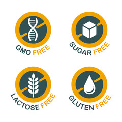 Lactose, Gluten, GMO, Sugar free flat pictograms