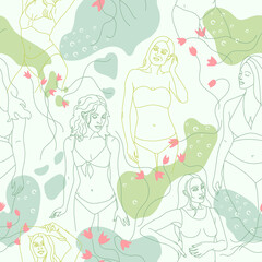 Body positive seamless pattern with womans, flowers. Trendy flat illustration