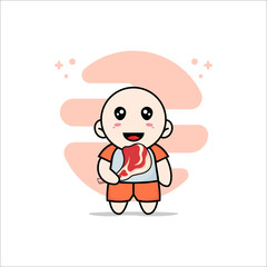 Cute kids character holding a meat.