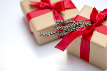 Red gift kraft box with red ribbon and dried lavender. Valentine's Day gift with dried lavender....