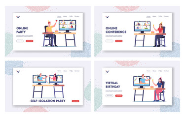 Obraz na płótnie Canvas Virtual Birthday Home Party Landing Page Template Set. Characters Holding Wineglasses with Alcohol Celebrate Holiday