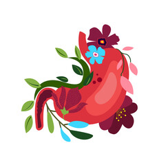 Beautiful Flowered Stomach System,Flowers.Floral Gastroenterology Internal Organ.Anatomical Bright Healthy Venter with Flowers,Herbal Nature. Drawn Bloomy Gaster Organ System. Flat Vector illustration