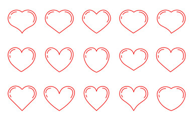 Heart thin red line icon set. Abstract different shape romantic symbol Valentines Day. Empty frame love decorative element template for wedding invitation card. Isolated on white vector illustration