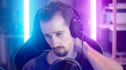 Professional streaming gamer have neck pain webcam POV © Video_StockOrg