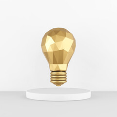 The icon is a low-poly gold light bulb on a white pedestal. 3D rendering.