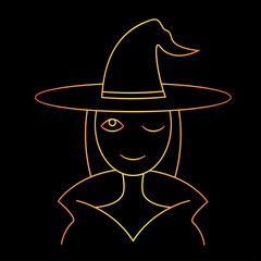 Golden silhouette of the witch on the black background