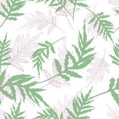 Seamless pattern with tropical green fern leaves. Botanical summer texture. On white background.