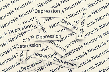 Fototapeta premium Signs words depression lying in a mess on a paper with neurosis sign, concept of sadness, apathy and low mood