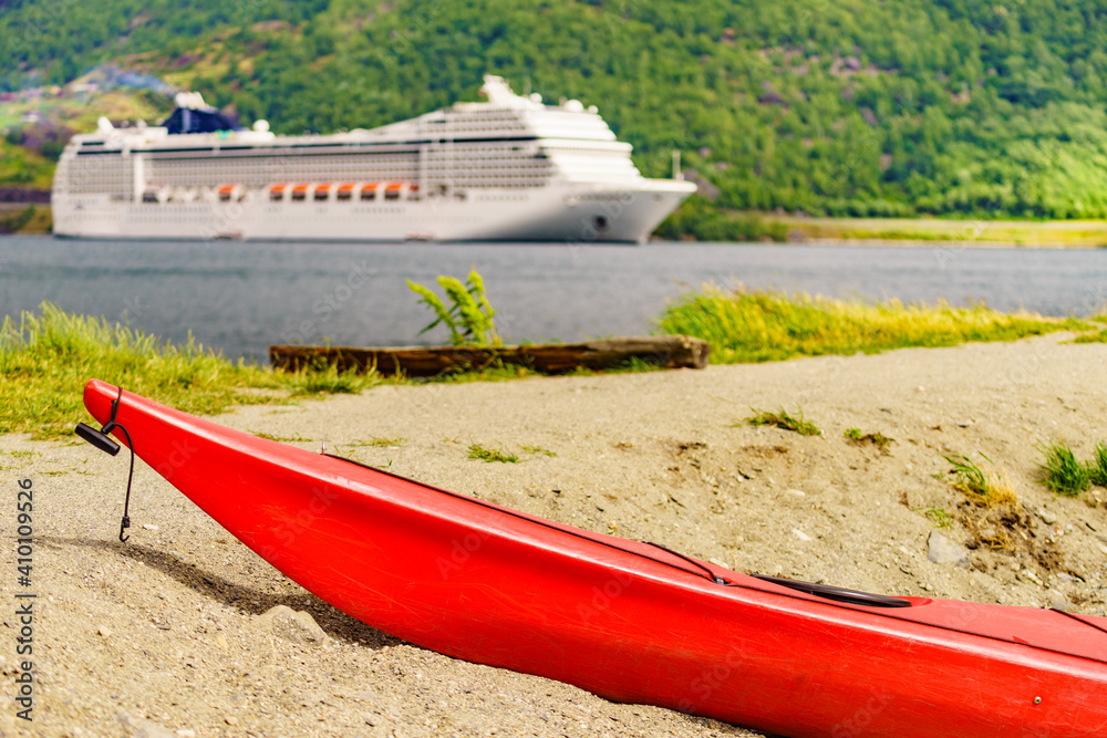 Sticker kayak and cruise ship in flam, norway