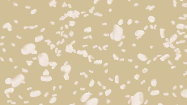 Flying many rice on brown background. White rice grains. Glutinous rice. Vegetarian. Healthy food. 3D loop animation of rice rotating.