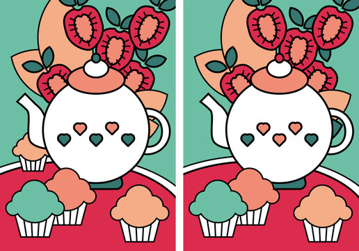 Find the difference page with teapot muffins and strawberries (5 differences)