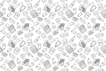 seamless pattern of various grocery items.package, box, can, pack, ingredient, fresh, food, vintage doodle line art hand draw style 