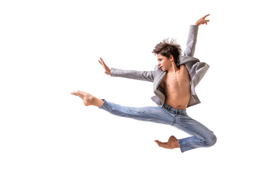 Ballet dancer teen boy jumping on white background, isolate