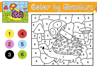 Color by numbers game for kids. Coloring page with a cute hedgehog carrying a mushroom. Printable worksheet with solution for school and preschool. Learning numbers activity. Vector illustration