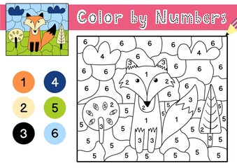 Color by numbers game for kids. Coloring page with a cute fox in the forest. Printable worksheet with solution for school and preschool. Learning numbers activity. Vector illustration