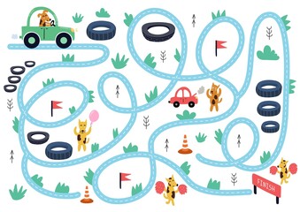 Help the cute dog drive to finish. Maze puzzle for kids. Car race activity page with funny animals. Mini game for school and preschool children. Vector illustration