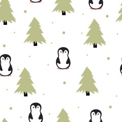 Seamless pattern with cute cartoon penguin for fabric print, textile, gift wrapping paper. colorful vector for kids, flat style