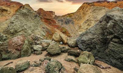 Beautiful rock formations on the beach in California, beautiful sky and nature in the outdoor.