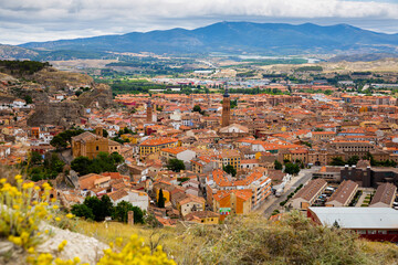 High view of Calatayud and buildings at sunny day, Province of Zaragoza, Spain