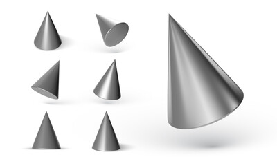 Collection of metal geometric cones isolated on white background. 3d geometric shapes objects. Render decorative figure for design. Vector illustration