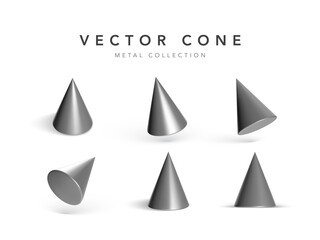 Set of geometric cones isolated on white background. 3d geometric shapes objects. Render metal decorative figure for design. Vector illustration