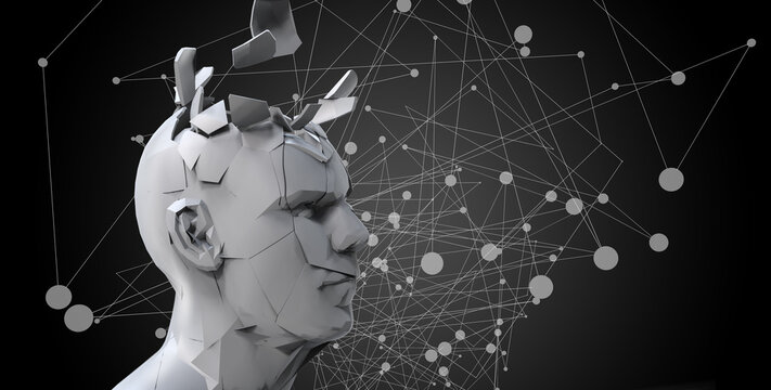 Mannequin with an exploding head, Acintya, Atintya, That which cannot or should not be thought, the unthinkable, 3d illlustration.