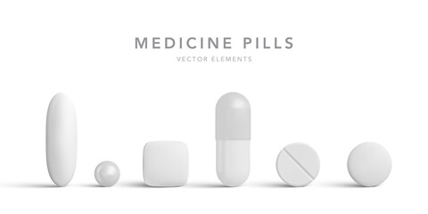 Antibiotic pills isolated on white background. Collection of oval, round and capsule shaped tablets. Medicine and drugs. Vector illustration