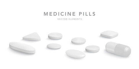 3d realistic white medical pills isolated on white background. Collection of oval, round and capsule shaped tablets. Medicine and drugs. Vector illustration