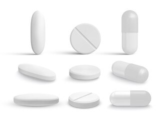 Realistic white medicine pills and tablets isolated on white background. Healthcare template. Vector illustration