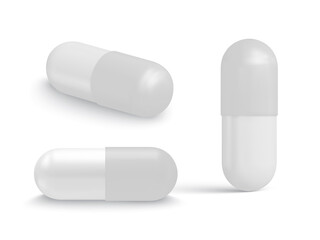 Collection of oval, round and capsule shaped tablets isolated on white background. Medicine and drugs. Vector illustration