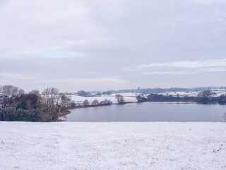 Unusual winter heavy snowfall at Pickmere Lake, Pickmere, Knutsford, Cheshire, UK