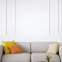 Room with Scandinavian Cozy Sofa, Side Tables and Wooden Floors, Empty Walls with Modern Fretwork