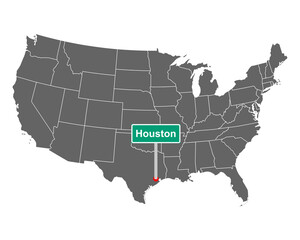 Fototapeta na wymiar Landkarte der USA mit Orstsschild Houston