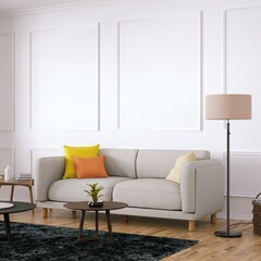 Room with Scandinavian Cozy Sofa, Side Tables and Wooden Floors, Empty Walls with Modern Fretwork