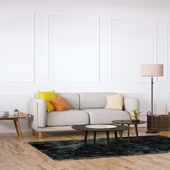 Room with Scandinavian Cozy Sofa, Side Tables and Wooden Floors, Empty Walls with Modern Fretwork