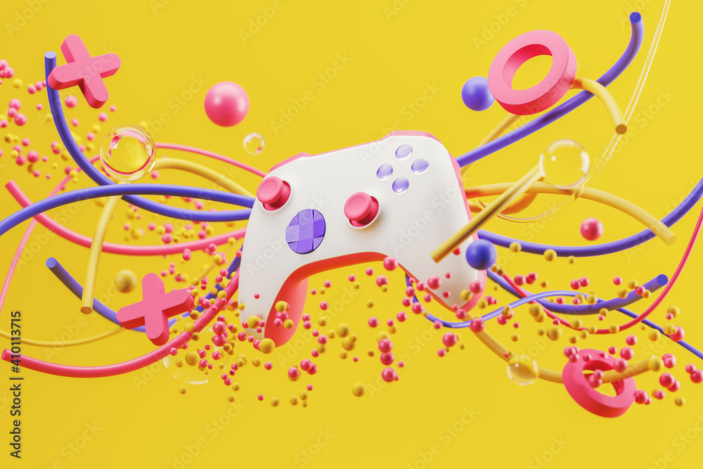 Wall mural White standard game controller, joystick, gamepad on a yellow background with abstract geometric shapes. 3d rendering