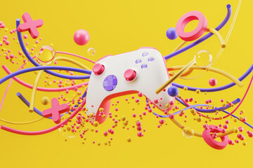 White standard game controller, joystick, gamepad on a yellow background with abstract geometric shapes. 3d rendering © katestudio