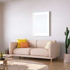 Room with Scandinavian Cozy Sofa, Side Tables and Wooden Floors, Empty Walls with Frame