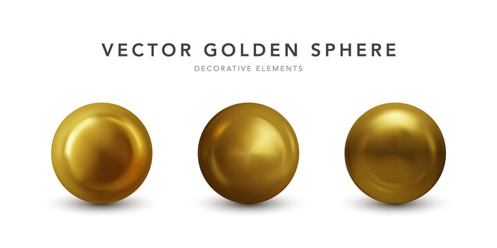 Set of gold sphere with shadow isolated on white background. Collection of oil bubble Golden glossy 3d ball or precious pearl. Vector illustration