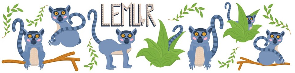 A set of animal lemurs with large eyes, lettering the name isolated on a white background. An animal in different angles, in the bushes, on a branch. Vector illustration for children