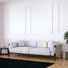 Room with Mid Century Elegant Sofa, Side Tables and Wooden Floors, Empty Walls with Frame