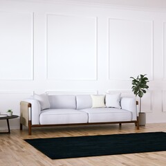 Room with Mid Century Elegant Sofa, Side Tables and Wooden Floors, Empty Walls with Frame