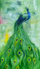 Oil Painting of a peacock, colorful feathers, abstract design on canvas